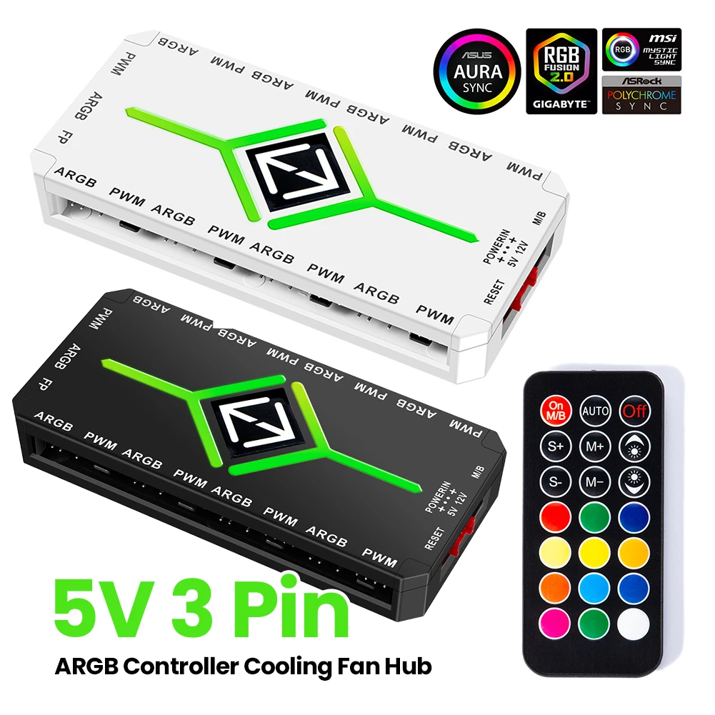 1 bis 9 3-in-1 5 V 3-poliger ARGB-Controller, Lüfter-Hub mit Fernbedienung, 4-poliger PWM-Magnetsaug-Hub, SATA-betrieben für PC-Gehäuse Image