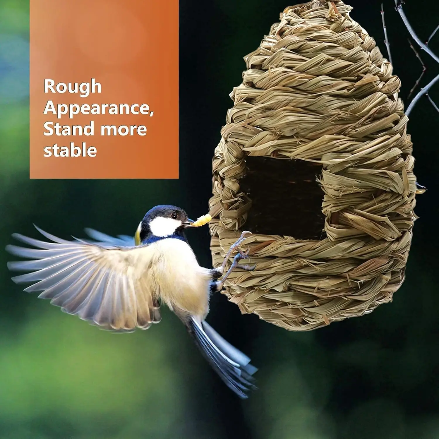 Kolibri-Häuser zum Aufhängen im Freien, Vogelhütte zum Aufhängen von Naturgras, handgewebtes Kolibri-Nest, großes Vogelhäuschen mit Schraubfinken Image