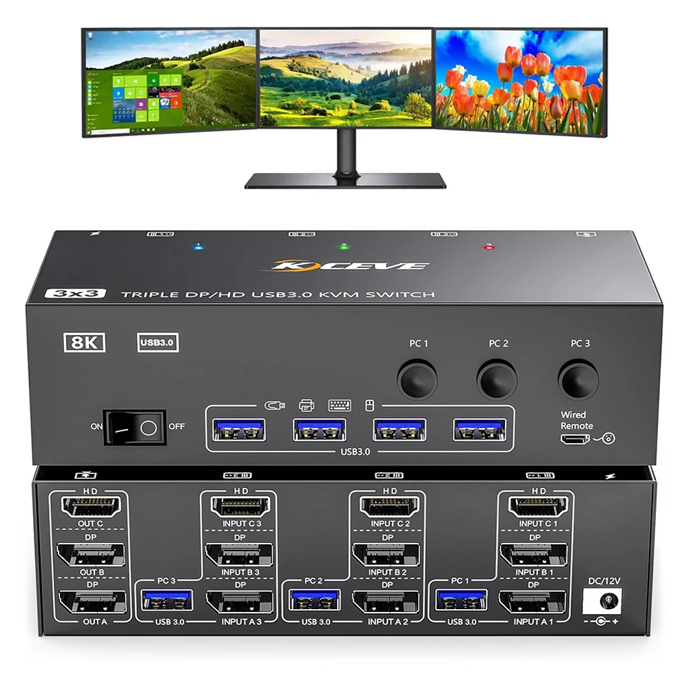 8K@60Hz 3Computer 3 Monitore KVM-Switch HDMI-kompatibel + DisplayPort USB3.0 KVM-Switcher 4k@144Hz Dreifachmonitor DP KVM für 3 PC Image