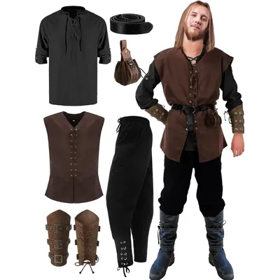 Suhine 6-teiliges Halloween-Renaissance-Kostüm-Set für Herren, mittelalterliche Weste, Hemd, Knöchelband, Hose, Wikinger-Gürtel, Armband-Beutel Image