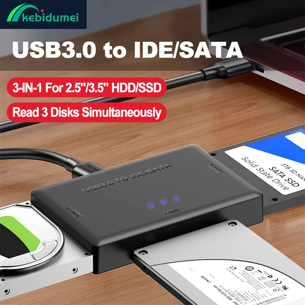 USB 3.0 zu SATA IDE Festplattenadapter Konverterkabel für 3,5 Zoll 2,5 Zoll HDD/SSD CD DVD ROM CD-RW 3-in-1 USB IDE SATA Adapter Image