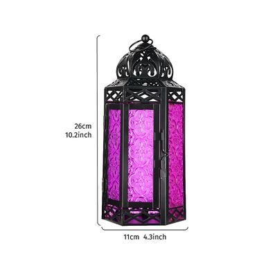 Vintage Iron Hanging Candle Lantern – 6-Sided Colored Glass Decorative Holder, Windproof Metal Tealight Lantern for Home, Bar, Restaurant, Wedding, Party Décor Gift