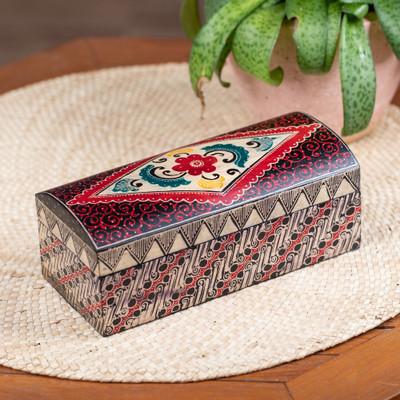 'Artisan-Made Folk Art-Themed Red Batik Wood Jewelry Box'