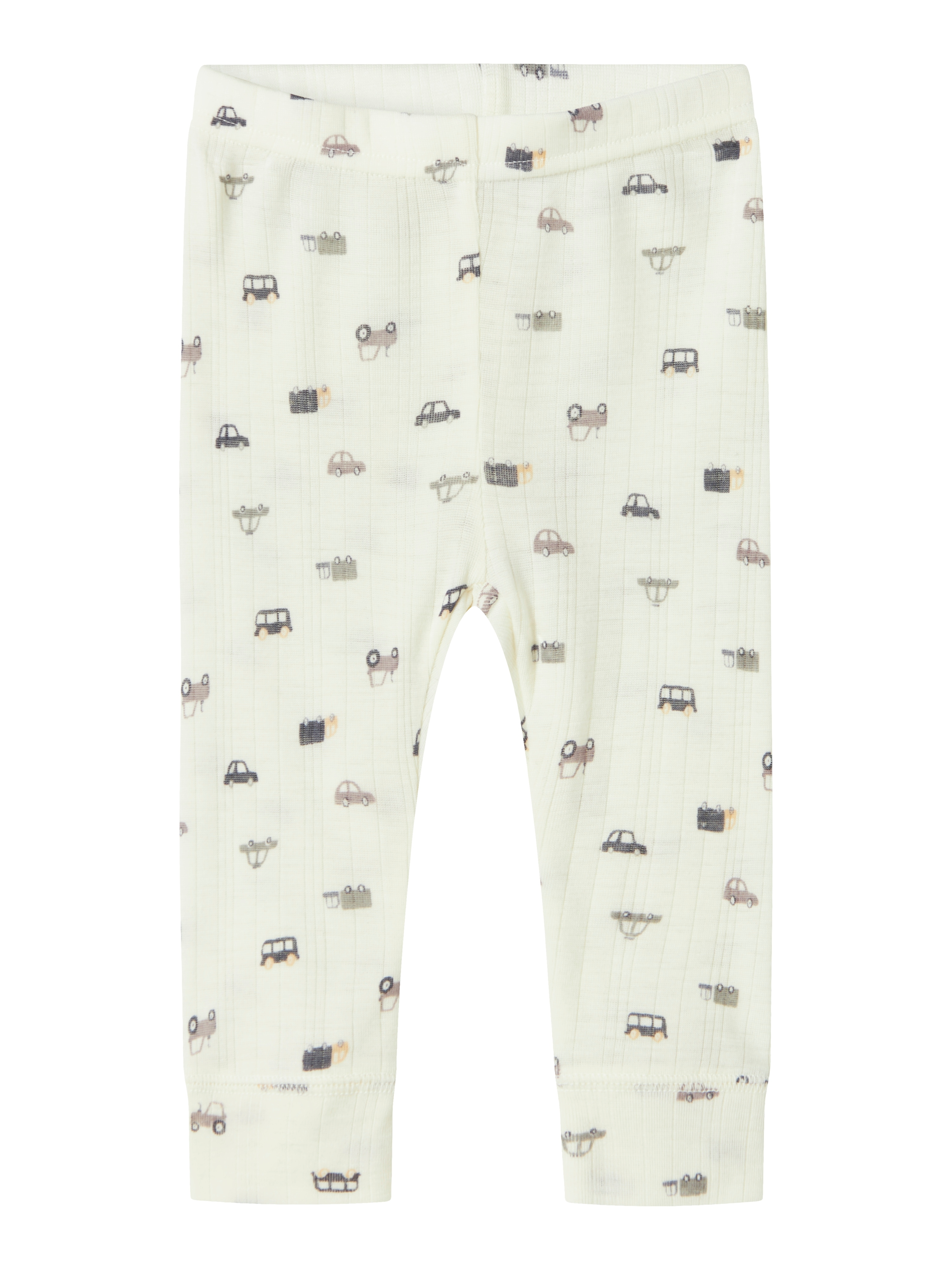 Leggings NAME IT "NBMWANG WOOL NEEDLE LONGJOHN NOOS", Baby, Gr. 80, N-Gr, weiß (snow weiß aop:small cars), Strick, Obermaterial: 100% Wolle, bedruckt, Casual, regular fit knöchellang, Hosen Image