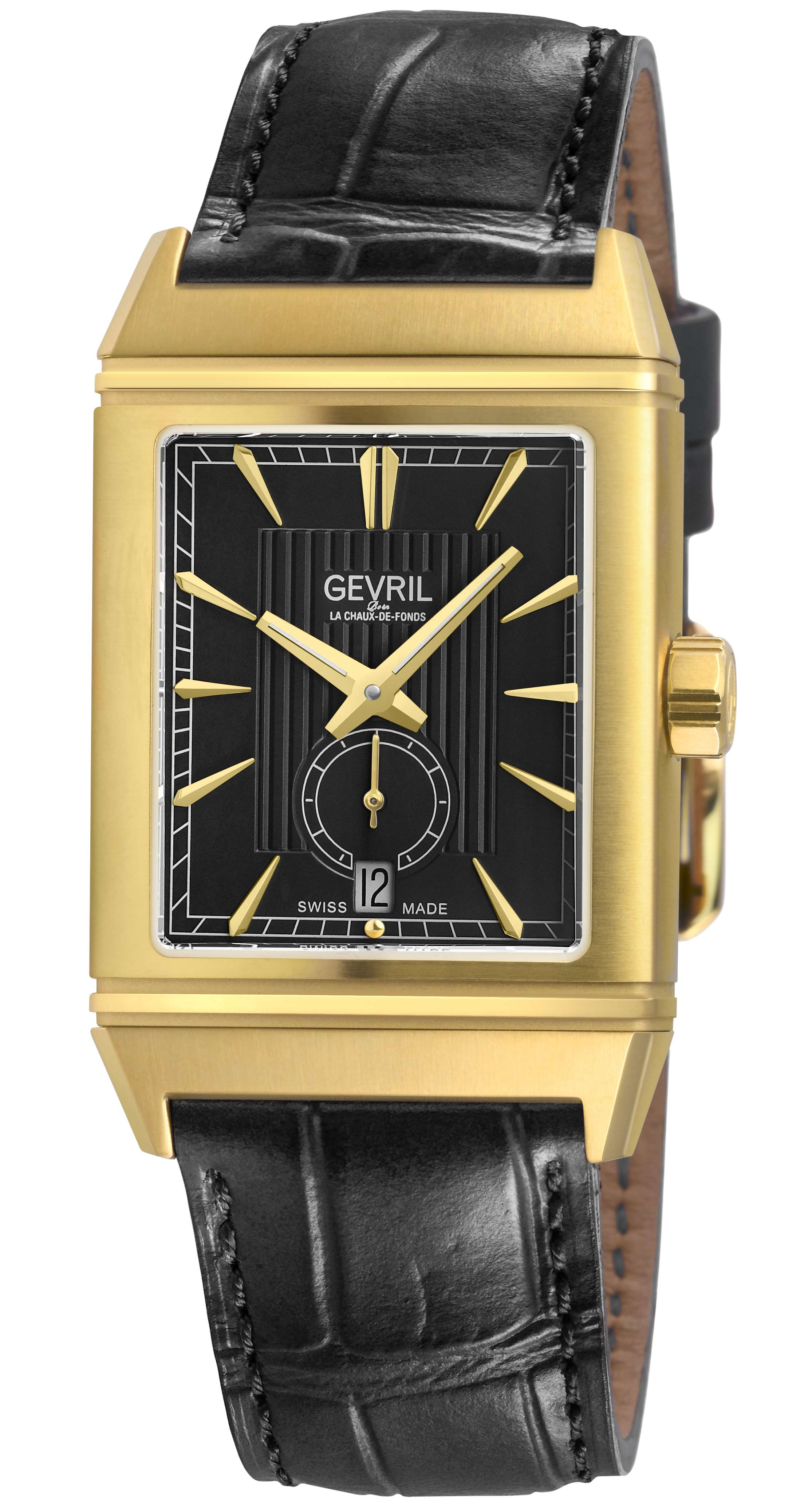 Gevril Mens Time Square 316L Stainless Steel Ipyg Case, Black Dial, Handmade Italian Leather Strap. - Brown - One Size