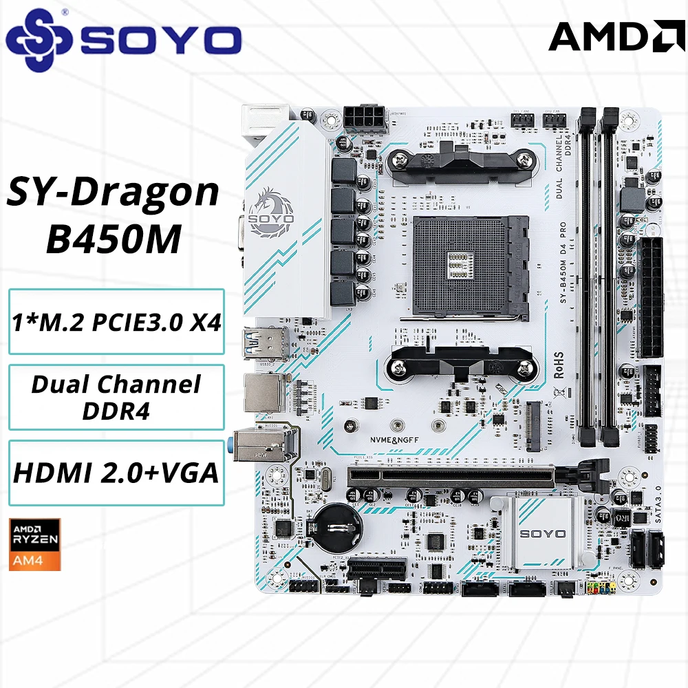 SOYO AMD B450M Motherboard Dual-Channel DDR4 Speicher M.2 NVME AM4 (unterstützt Ryzen 5500 5600 5600G CPU) für Computerkomponenten Image