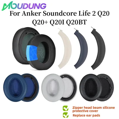 MOUDUNG Ersatz-Ohrpolster aus Mesh/Eisgel/Leder mit Schnalle für Anker Soundcore Life Q20 Q20+ Q20I Q20BT Headset Image