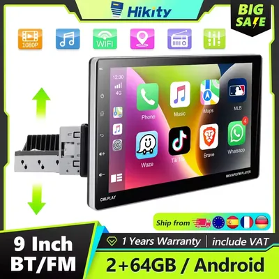 Hikity 9 Zoll 2 + 64G Carplay Android 1DIN Autoradio mit Android Auto Bluetooth FM Radio Empfänger GPS Navigation TF/USB WIFI