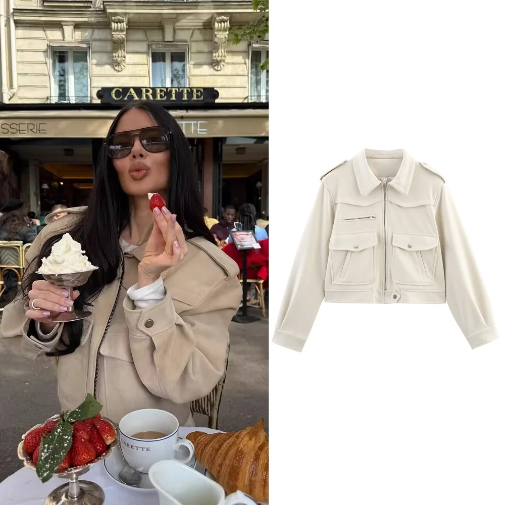 PRINTKAOIR Vintage Damen Kurze Jacke Taschen Reißverschluss Volle Hülse Khaki Grün Dicke Mäntel 2025, Herbst Dame Lose Straße Outwear