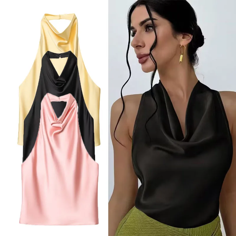 HXAO Summer Top Women Halter Tops Sleeveless Strapless Tops Ruched Neck Hanging Top Street Casual Style Top With Open Shoulders