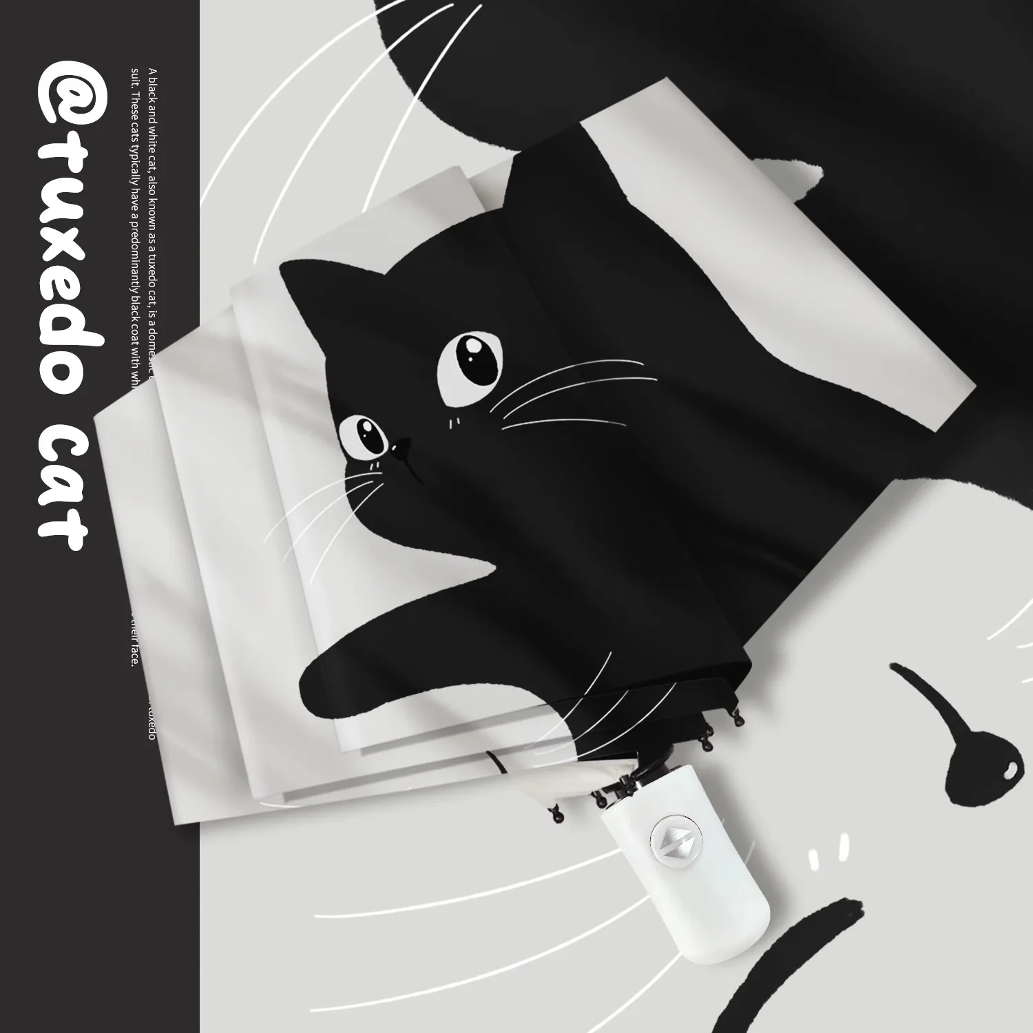 Klassischer Smoking-Katzen-Auto-Sonnenschirm – robustes UPF 50+ schwarzes Futter, 8 Glasfaserrippen, windbeständig, Digitaldruck, faltbar für Image