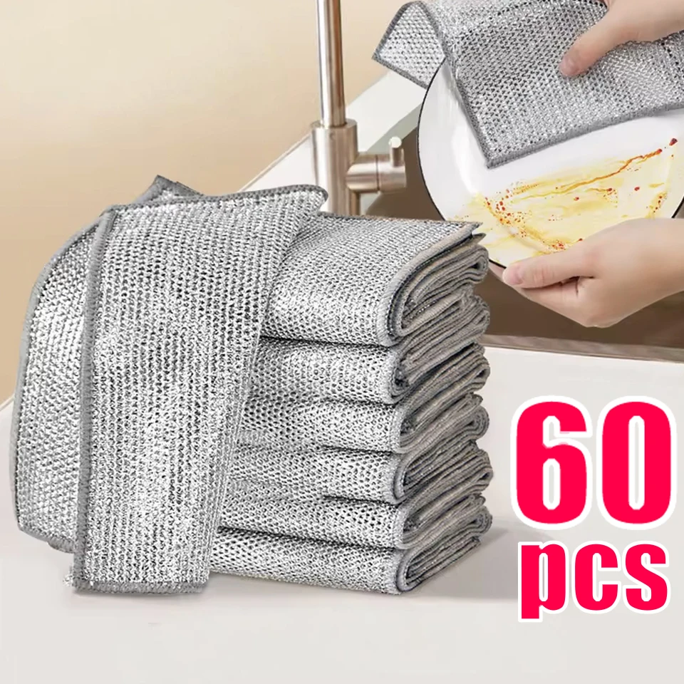 3–60 Stück magisches Geschirrtuch, Silberdraht, Reinigungsküchentuch, verdicktes Mikrofaser-Waschhandtuch, integrierter Schwamm, Stahldraht, Kugellappen Image