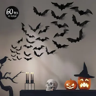 60 stücke 3d schwarze Fledermaus Wand dekoration-Halloween-Themen dekorationen, langlebig und einfach anzuwenden, ideal für saisonale festliche Dekoration Image