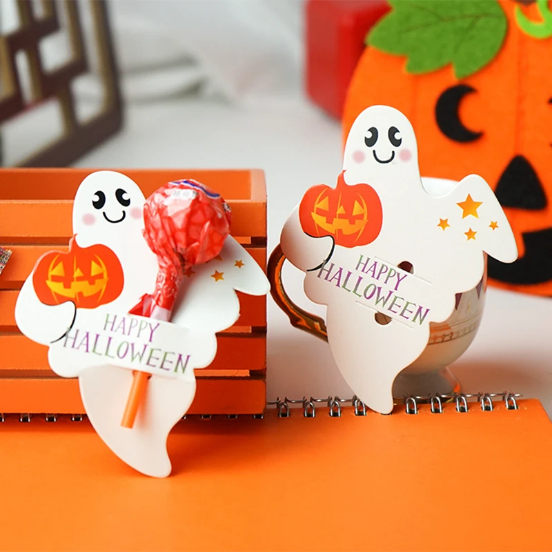 50 Stück Halloween-Süßigkeiten-Paketkarte, Kürbisgeist, Orange, Lutscher, Verpackungskarte für DIY-Halloween-Party-Dekorationszubehör Image
