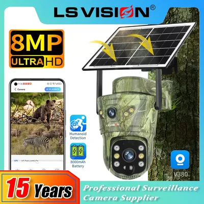 LS VISION Dual Screen 8MP 4G Solar Camera Wifi Outdoor Security Cam PIR Detect Auto Tracking CCTV Hunting Trail Cameras V380 Pro