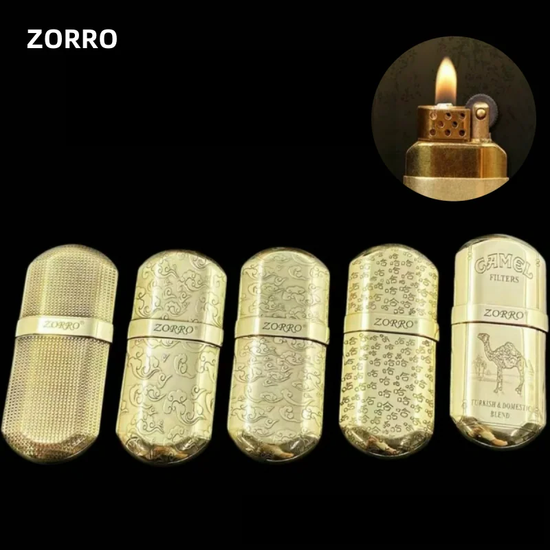 ZORRO Messing handgemachte Schnitzerei Mini ultradünne winddichte Kerosin Feuerzeug Schleifscheibe Metall Outdoor wasserdicht tragbares Feuerzeug Image