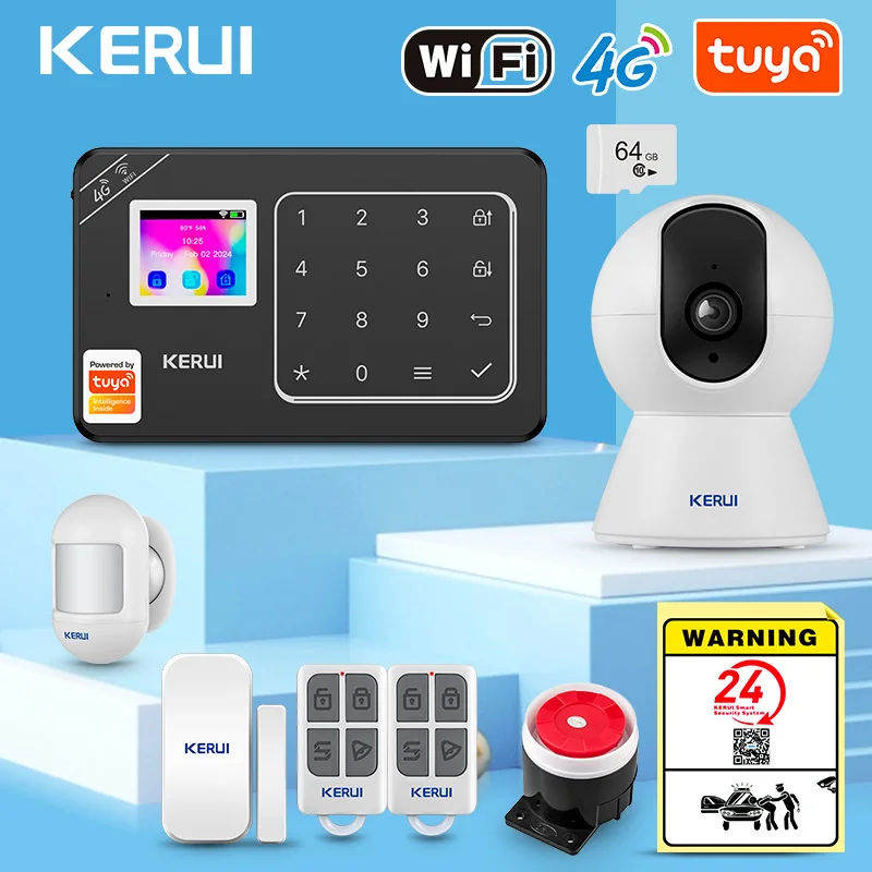 KERUI Neues Aussehen W184 Hausalarm 4G / WiFi-Alarmsystem Schwarz Sicherheitsschutz für Haus Tuya Smart App Fernbedienung Image