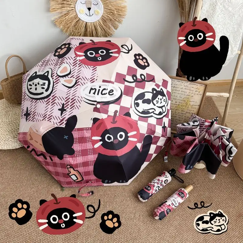 Altmodischer schwarzer Katzen-Regenschirm für Studenten, automatisch öffnender Regenschirm, Anti-UV-Sonnenschutz, Sonnenschirm, dreifach acht Knochenfalten Image