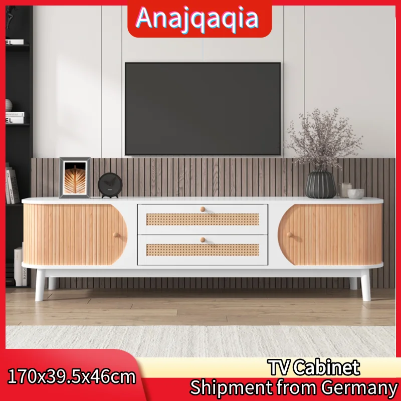 Meuble TV Anajqaqia, meuble TV mélangé de bois naturel avec portes et tiroirs, espace Sorage, meuble TV avec côtés en rotin, MDF