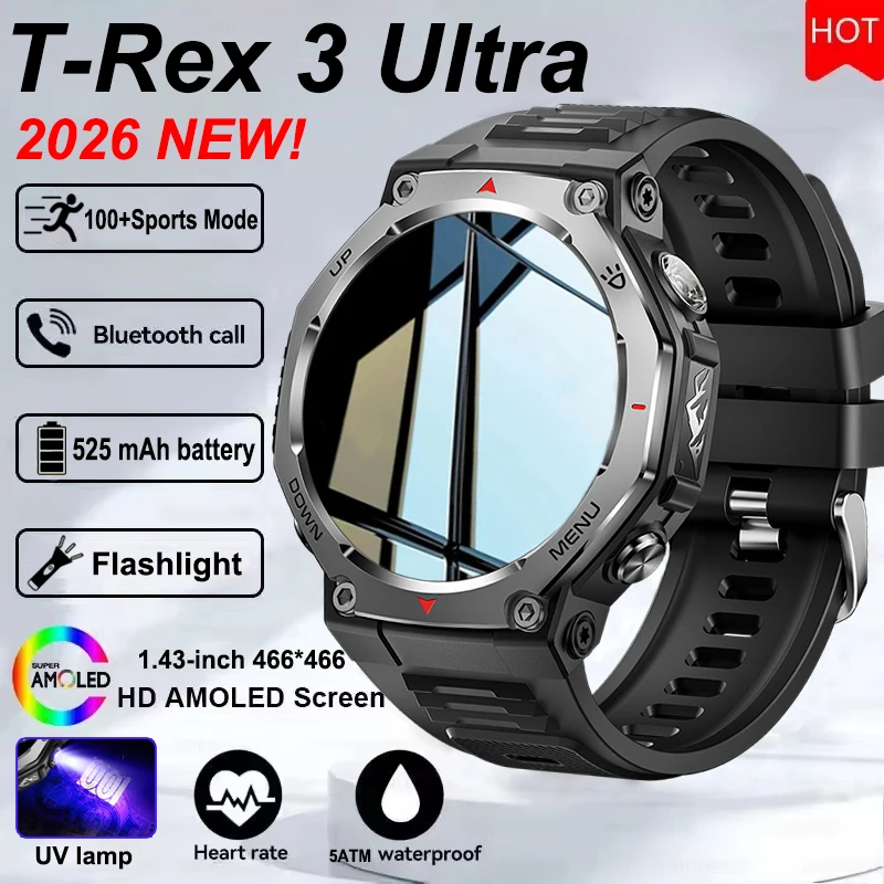 2026 Neue Outdoor-Sport-Smartwatch T-Rex 3 Ultra GPS Motion Track 5 ATM wasserdichte Herzfrequenz HD Bluetooth Anruf Smart Watch Männer
