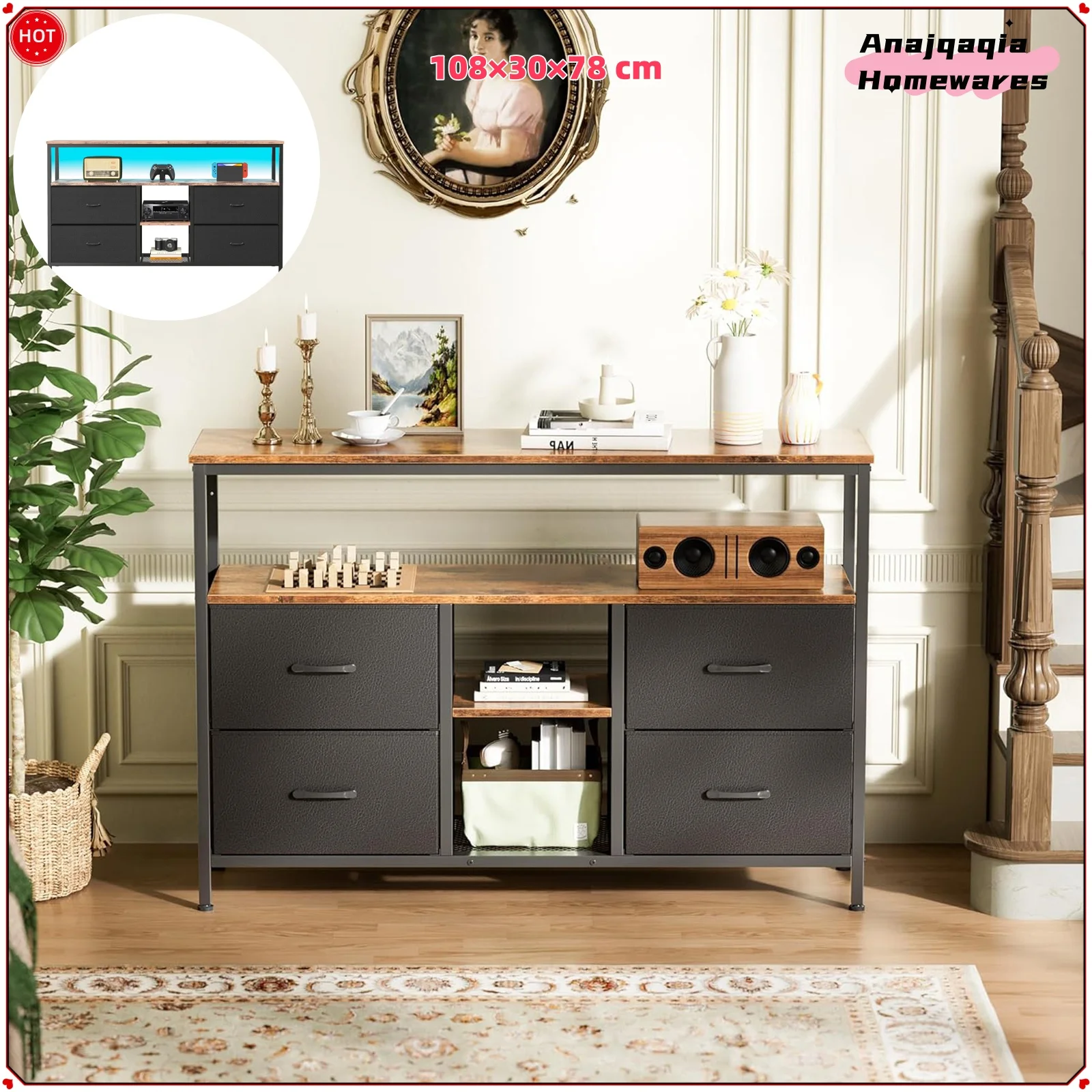 Anajqaqia Meuble TV LED à couleur changeante, avec 4 tiroirs, table de salon, meuble avec rangement, meuble TV, 108 × 30 × 78 cm