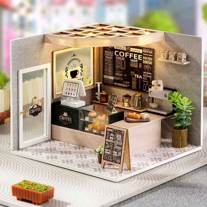 Café maison de poupée Mini bricolage Kits faisant salle assemblage jouets chambre décorations meubles maisons de poupée jouets pour enfants cadeaux