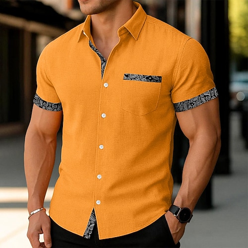 Herren Shirt Leinenhemd Sommerhemd Strandhemd Untucked Shirts Paisley Urlaub Schwarz Pink Blau Orange Kurzarm Kragen Sommer Frühling Kleidung Apparel Farbblock Image