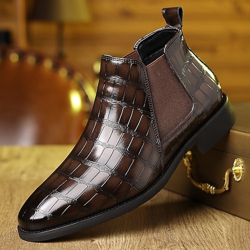 Herren Stiefel Chelsea-Stiefel Spaziergang Vintage Lässig PU Leder Bequem Rutschfest Warm Stiefeletten Loafer Hellbraun Dunkelbraun Schwarz Herbst Winter Image