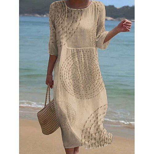 Damen Maxikleid Leinenartig Atmungsaktiv Leicht Kaftan 3/4-Langarm Rundhalsausschnitt Lässiges Kleid A-Linie Kleid Boho Reguläre Passform Grafik Abstrakt Weiß Blau Grün Khaki Frühling Herbst Image