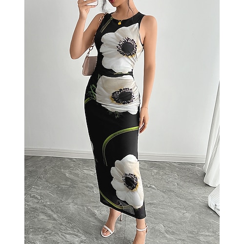 Damen Midikleid Blumenkleid Druckkleid Mode Modern Outdoor Ferien Ausgehen Normale Passform Blume Ärmellos Rundhalsausschnitt Schwarz Herbst Image