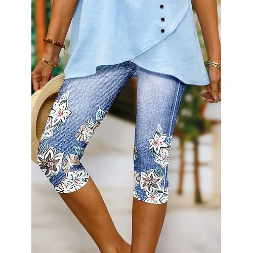 Damen Leggings Capri Pants Hohe Elastizität Urlaub Mode Hawaiianisch Wade-lange Mittlere Taille Blumen Grafik Druck Atmungsaktiv Weich Urlaub Casual Täglich See blau Schwarz Blau Hellblau Image