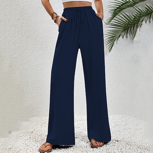 Damen Weites Bein Hosen Hose Palazzo-Hose Mode Streetwear Volle Länge Hohe Taille Einfach Kordelzug Elastischer Bund Atmungsaktivität Bequem Straße Alltagskleidung Ausgehen Blau Schwarz Rosa Armeegrün Image