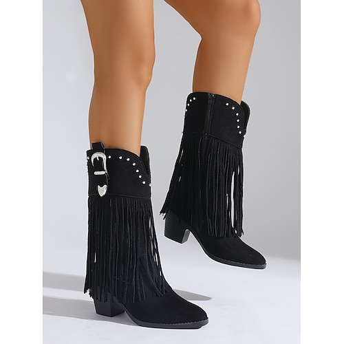 Schwarze Westernstiefel mit Fransen für Damen – halbhohe Cowgirlstiefel mit Nietenschnalle und Blockabsatz für Rodeo, Country-Konzerte und Herbstoutfits Image