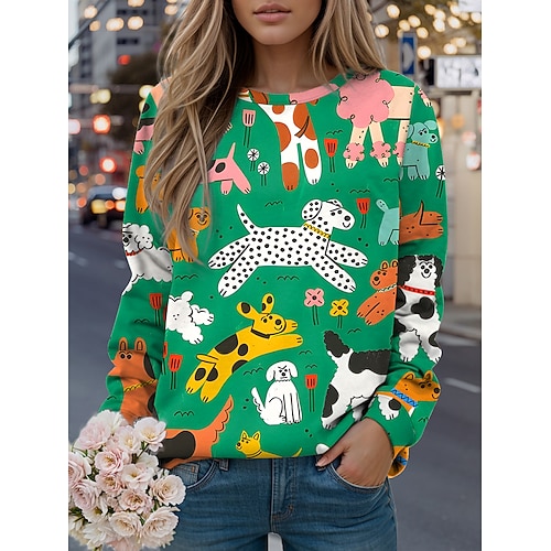 Damen Sweatshirts Druck Grafik Tiermotiv Lässig Langarm Rundhalsausschnitt Normale Oberteile Lässig Straße Ferien Schwarz Gelb Hellgrün Grün Frühling Herbst Winter Image