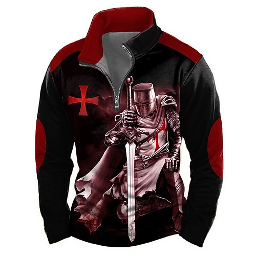 Herren Tempelritter Pullover Lässig Langarm Stehkragen Party Club Rote Blau Grau 3D-Druck Viertel Postleitzahl Herbst Winter Designer S M L XL XXL 3XL Image