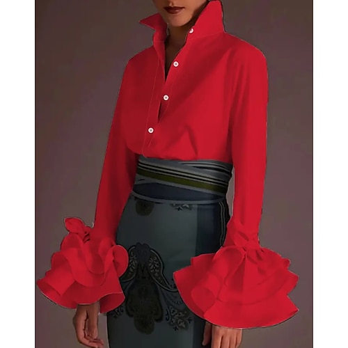 Damen Hemd Bluse Rüsche Einfach Stilvoll Modern Langarm Hemdkragen Normale Oberteile Ferien Ausgehen Schwarz Weiß Rote Grün Rosa Herbst Image