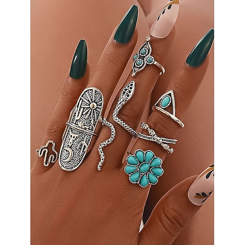 Türkisfarbenes Ringset für Damen – mehrteiliges Set aus Vintage-Schmuck im Bohème-Stil aus Legierung für Damenferien, Strandurlaub und den Alltag Image