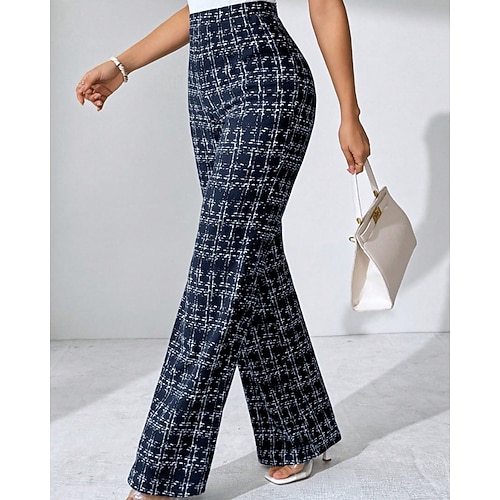 Damen Weites Bein Stoffhosen Streetwear Lässig Volle Länge Natürliche Taille Karomuster Elastischer Bund Bequem Straße Ferien Alltagskleidung Schwarz Weiß Grün Dunkelblau Herbst Normale Passform Image
