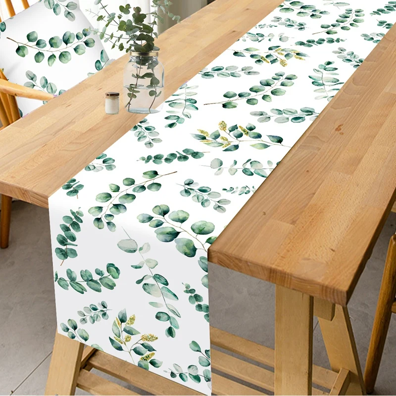 Salbeigrüner Tischläufer, Eukalyptusblätter, Polyester, Esstischdekoration für Zuhause, Dschungel, Geburtstag, Party, Babyparty, Hochzeitsdekoration Image