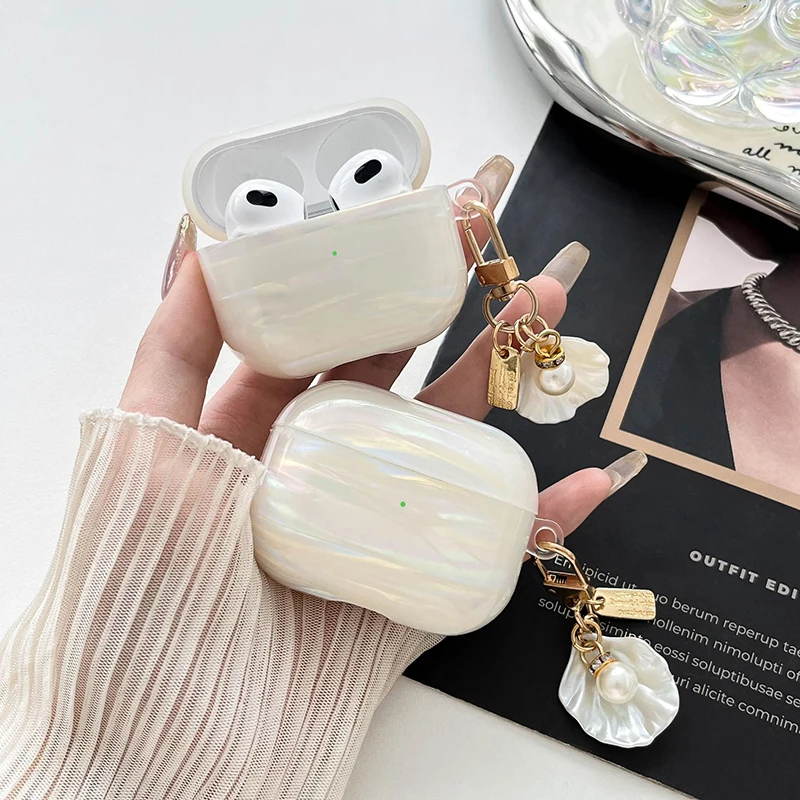 Fashion Dreamy Pearl Shell Soft Case mit Schlüsselanhänger für AirPods 4 3 Pro 2 1 Drahtlose Kopfhörer Zubehör Kopfhörer Box Cover Image