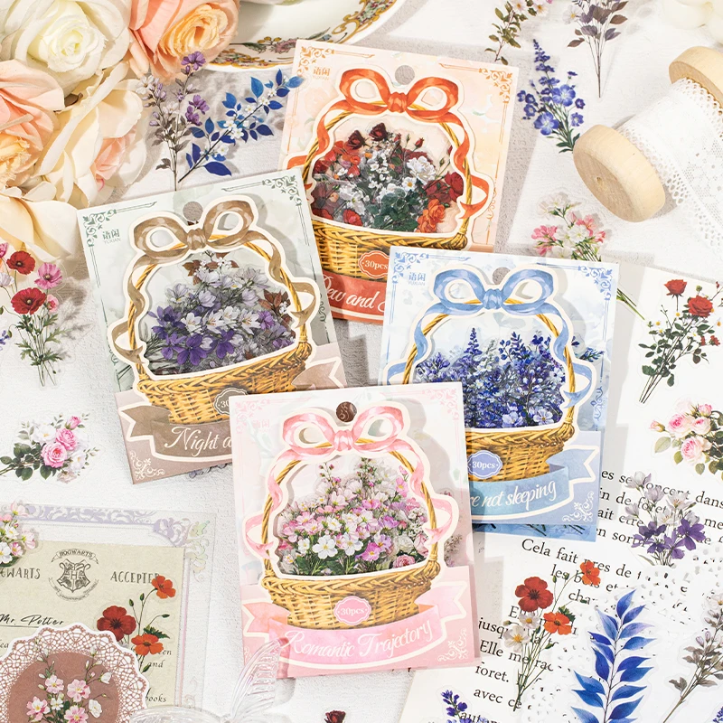 30pcs Beautiful Flowers and Plants PET Material Decorative Stickers DIY Scrapbook Diary Album Aesthetic Stationery
