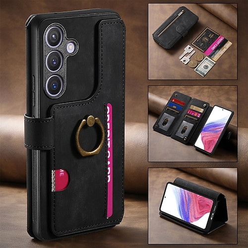 Handy Hülle Handyhüllen Für Samsung Galaxy S25 S25 Edge S24 S23 Ultra Plus S22 Plus Ultra A55 5G A35 5G A25 A15 A14 Brieftaschenhülle Reisverschluss Ständer Kartenfach Retro TPU PU-Leder Image