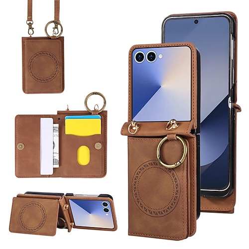 Handy Hülle Handyhüllen Für Samsung Galaxy Z Flip 7 Z Flip 6 Z Flip 5 Z Flip 4 Rückseite mit Trageriemen Unterstützt kabelloses Laden Ständer Retro TPU PU-Leder Image