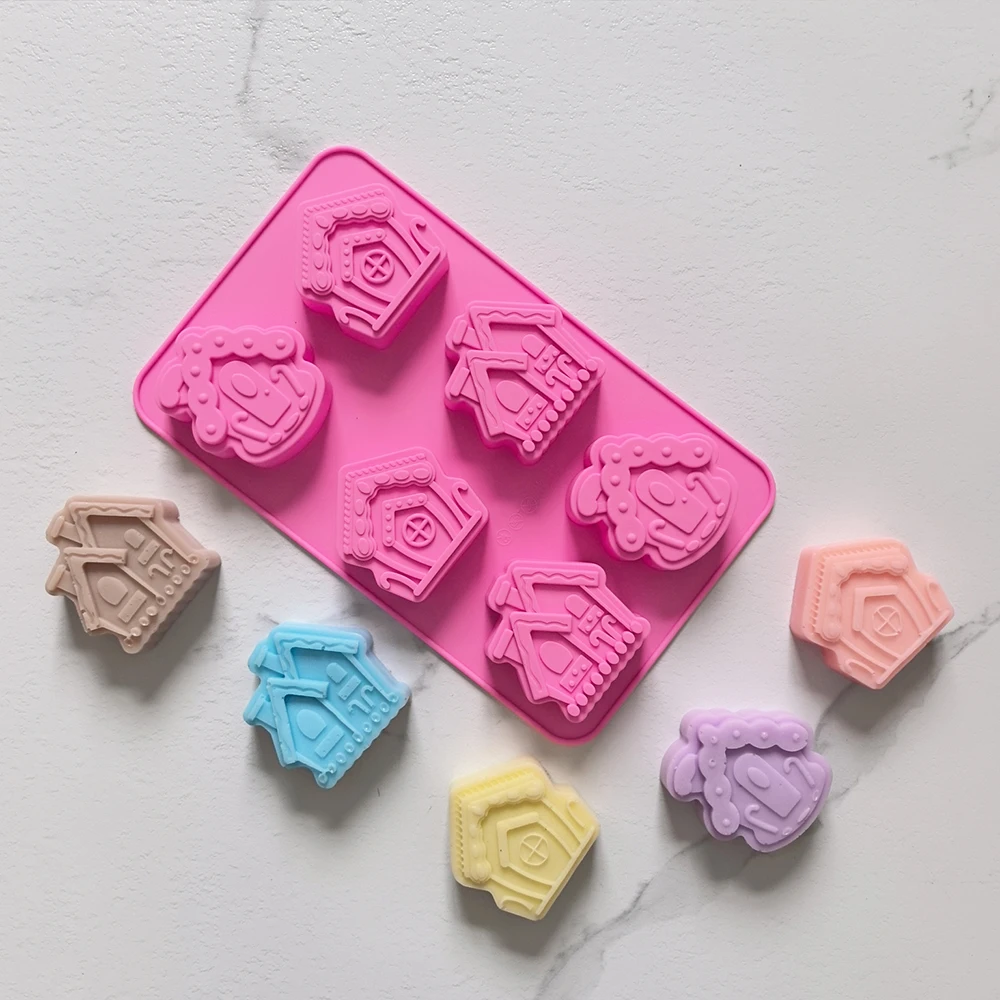 1 Stück 6-Loch hausförmige Silikonform 3D-Schokoladen-Backkuchen geeignet für Gelee, Eis, Brot, DIY-Backutensilien Image