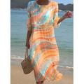 Damen Maxi Kleid Kaftan 3/4 Länge Ärmel Rundhalsausschnitt Lässiges Kleid A-Linie Kleid Boho Reguläre Passform Grafisch Geometrisch Abstrakt Gelb Pink Blau Orange Frühling Herbst