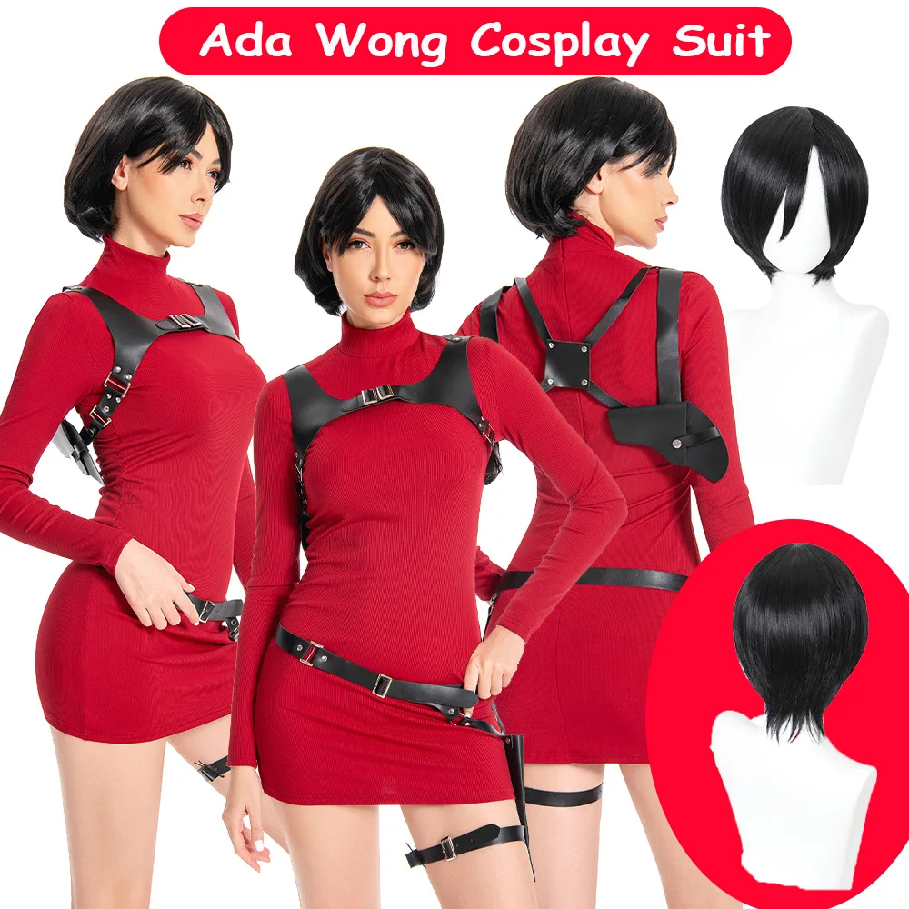 Ada Wong Cosplay Neues rotes Kleid Gürtel Perücke Kostüm Spiel Evil 4, Verkleidung Disfraz Damen Kleidung Outfits Halloween Karneval Party Anzug Image