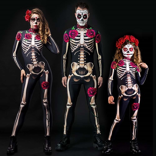 Karneval 2026 Totenkopf Zuckerschädel Bodysuits Halloween-Gruppen-Paarkostüme Ganzkörper-Catsuit Gruseliges Kostüm Erwachsene Kinder Alle Halloween Karneval Tag der Toten Club Party Leistung Einfache Image