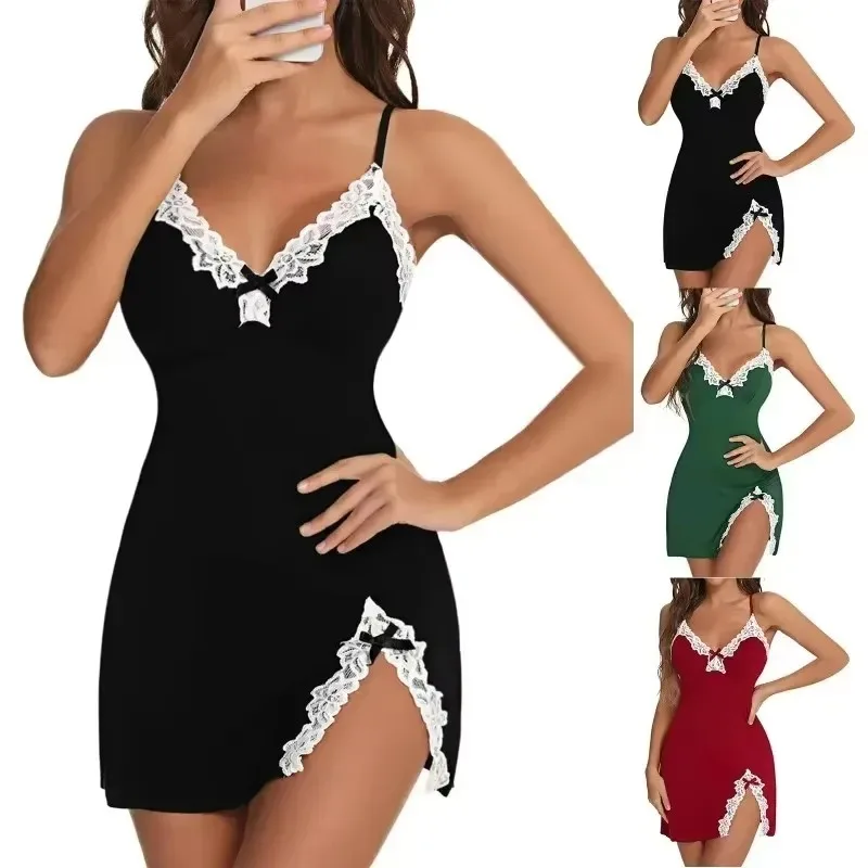 Indumenti da notte da donna Camicia da notte in raso di seta di pizzo Lingerie sexy Camicie da notte senza maniche Camicia da notte con scollo a V Camicia da notte Camicia da notte Camicie da notte