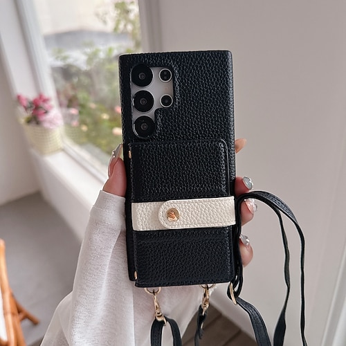Handy Hülle Handyhüllen Für Samsung Galaxy S25 S25 Edge S24 S24 FE S23 Ultra Plus S22 Plus Ultra A16 A55 5G A35 5G A15 Rückseite mit Trageriemen Kartenfach Stoßfest Retro TPU PU-Leder Image