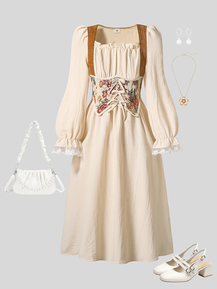 2023 herbst Neue Kinder Kleidung Mädchen Prinzessin Kleid Einfarbig Beige Quadrate Kragen Langarm Strappy A-line Kleid Für Mädchen Image